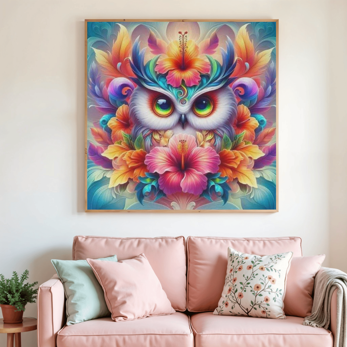 Peinture au diamant encadrée : hibou blanc et fleurs arc-en-ciel, vue d’ensemble