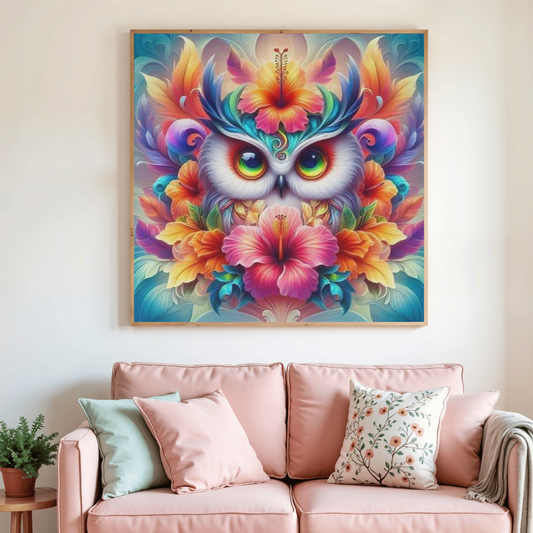 Peinture au diamant encadrée : hibou blanc et fleurs arc-en-ciel, vue d’ensemble