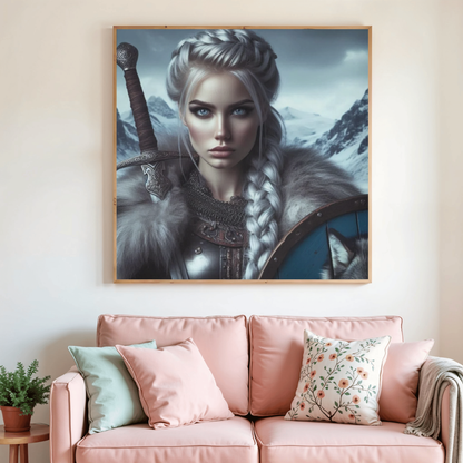 Toile de peinture diamant encadrée avec guerrière viking aux cheveux gris et bouclier