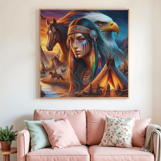 Peinture au diamant encadrée montrant un portrait amérindien, aigle bleu et chevaux