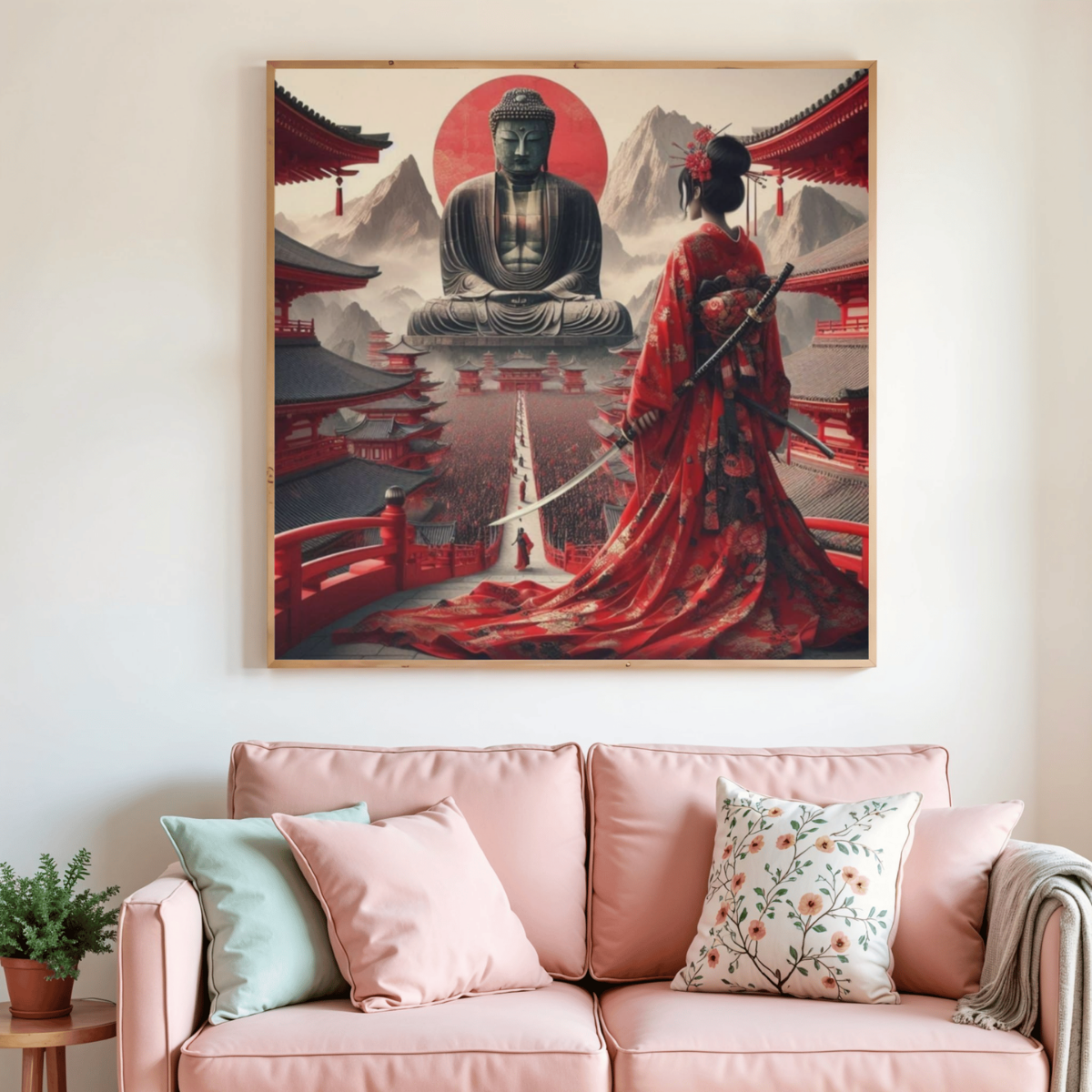 Peinture diamant encadrée : bouddha et samouraï au kimono rouge, lanternes rouges