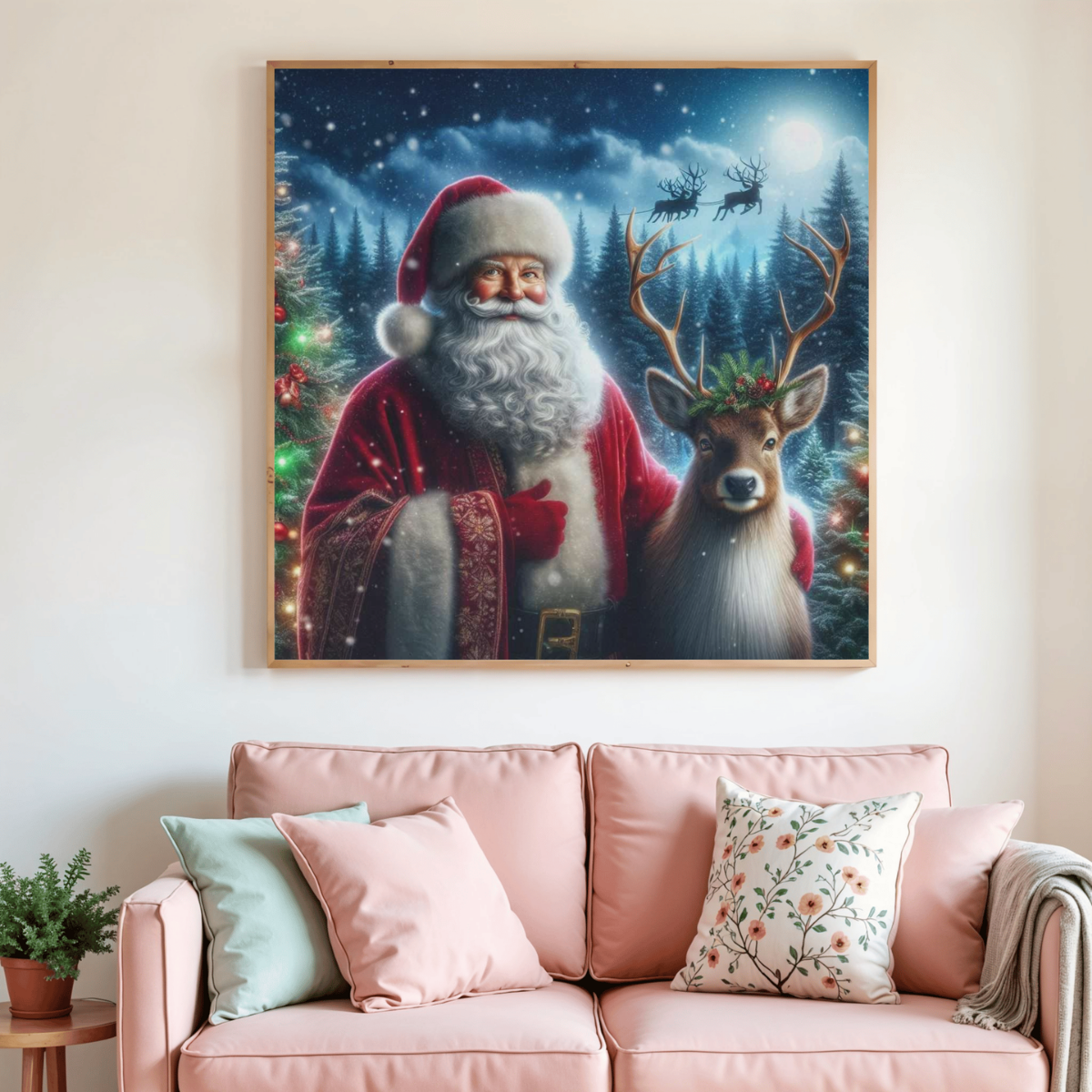 Tableau peinture diamant encadré du Père Noël et d’un renne, motif festif