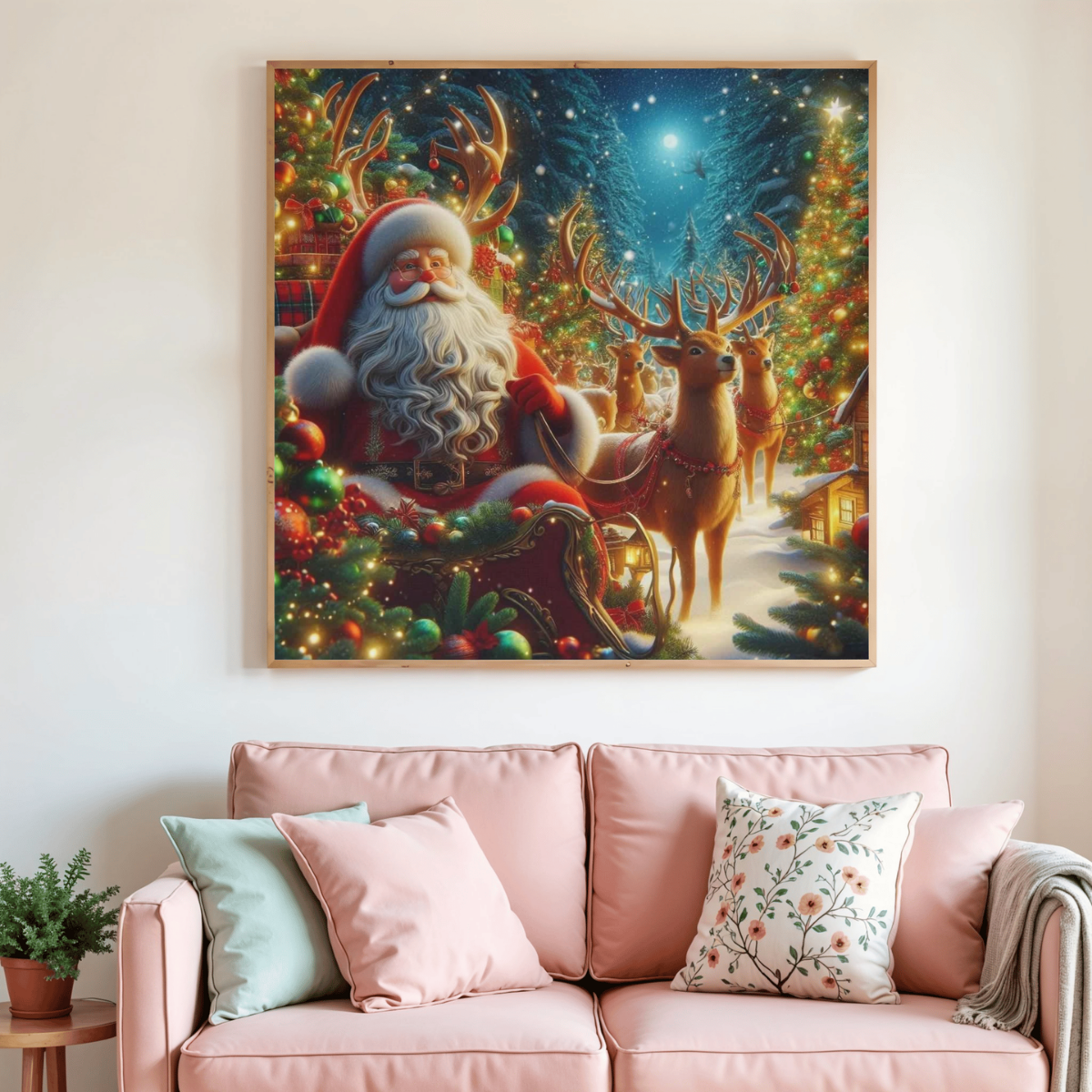 Peinture diamant de Noël encadrée au mur : Père Noël et rennes dans la neige