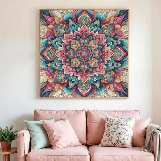 Toile de diamant mandala multicolore en cadre rectangulaire, motif floral central