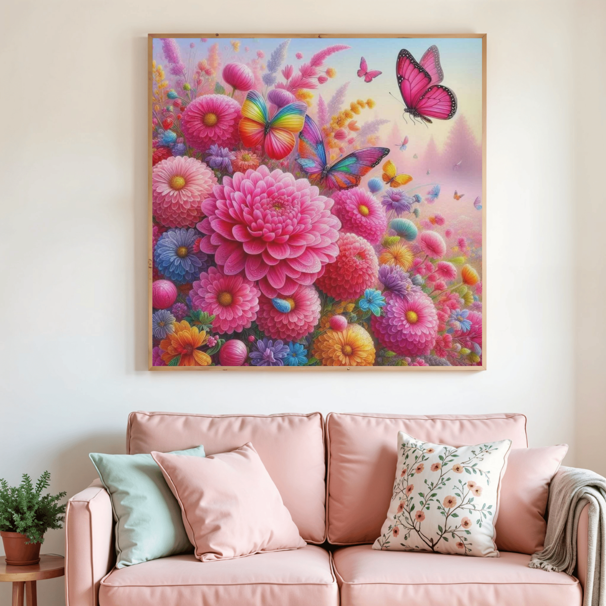 Toile de peinture au diamant avec fleurs roses et papillons colorés dans un cadre