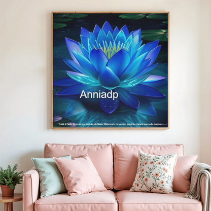Peinture diamant Nénuphar : toile carrée bleue avec fleur de nénuphar détaillée
