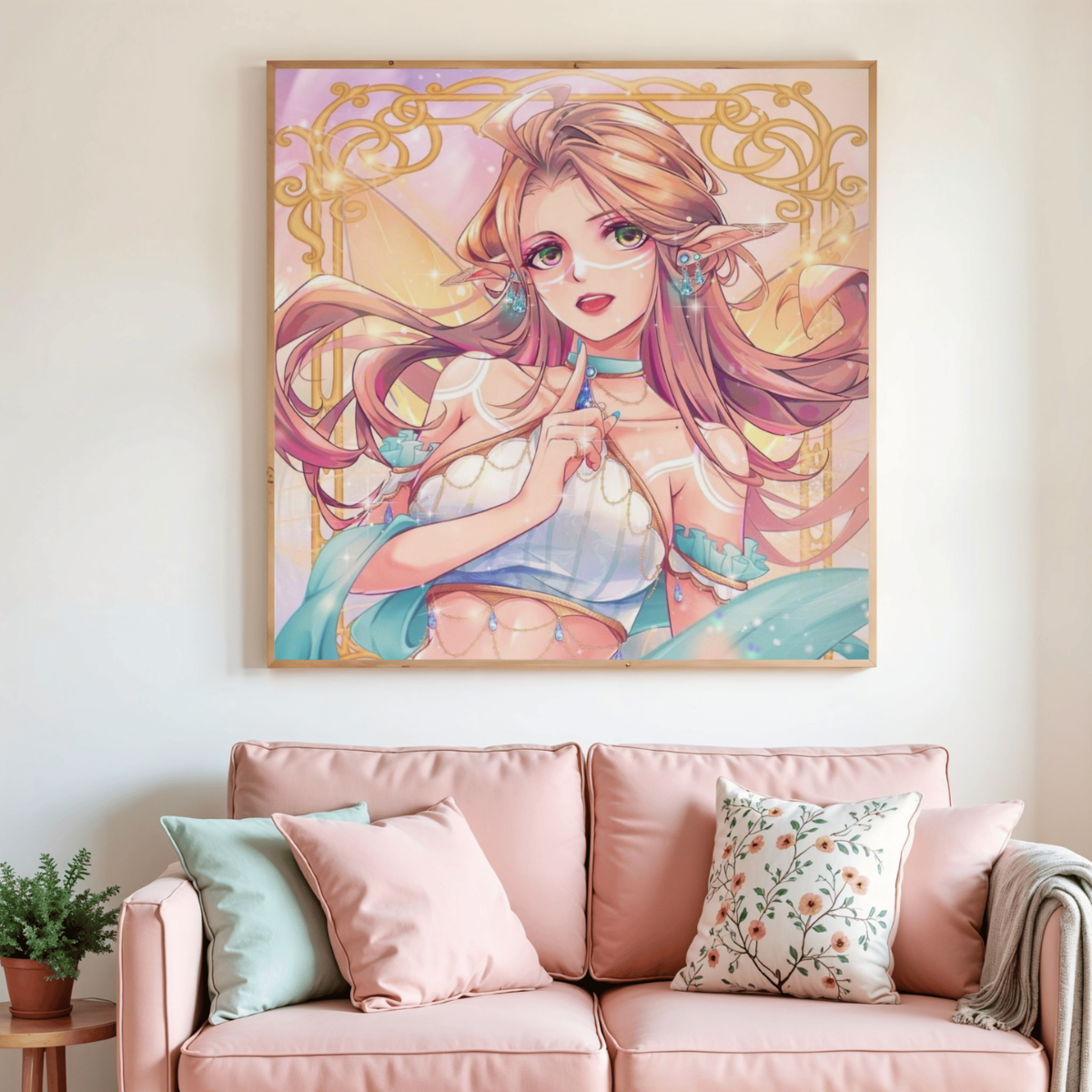 Tableau de peinture diamant femme manga, portrait encadré aux tons roses et bleus