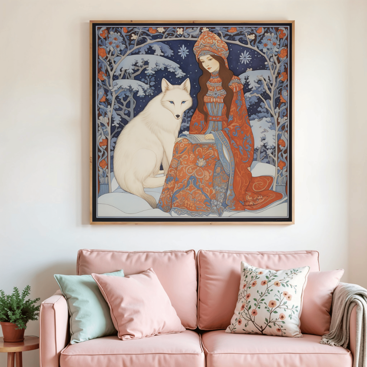 Tableau de peinture au diamant encadré, fille assise et loup blanc, scène hivernale