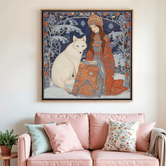 Tableau de peinture au diamant encadré, fille assise et loup blanc, scène hivernale