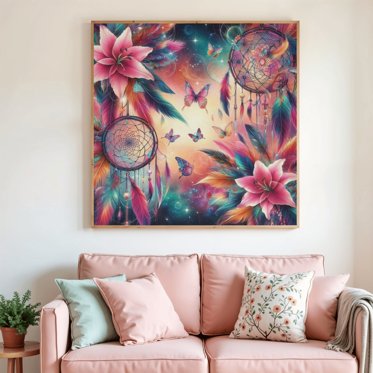 Peinture diamant Attrape-rêves bohème, toile encadrée avec papillons et capteur.