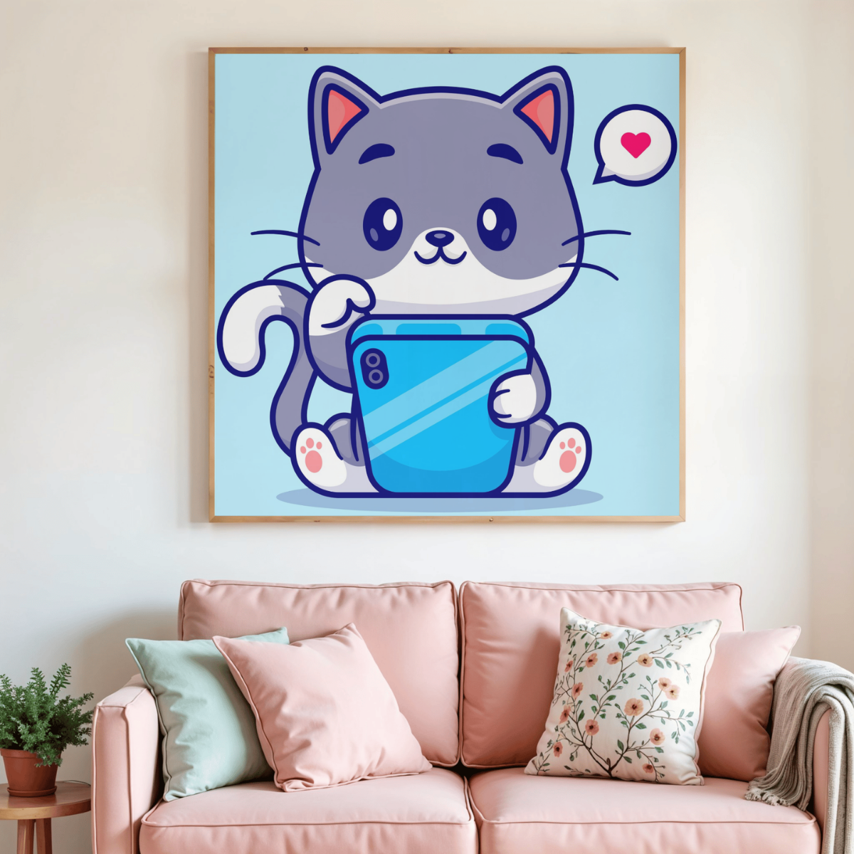 Toile de peinture diamant avec un chat gris tenant un téléphone bleu et une bulle cœur