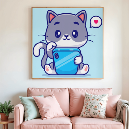 Toile de peinture diamant avec un chat gris tenant un téléphone bleu et une bulle cœur