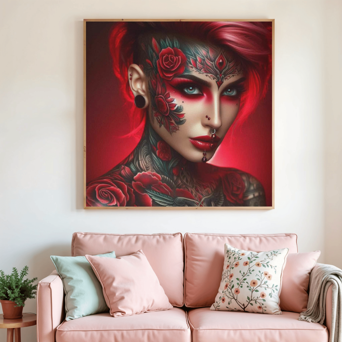 Tableau de diamond painting encadré, visage de femme aux roses rouges