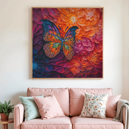 Peinture diamant encadrée avec papillon multicolore sur fond abstrait