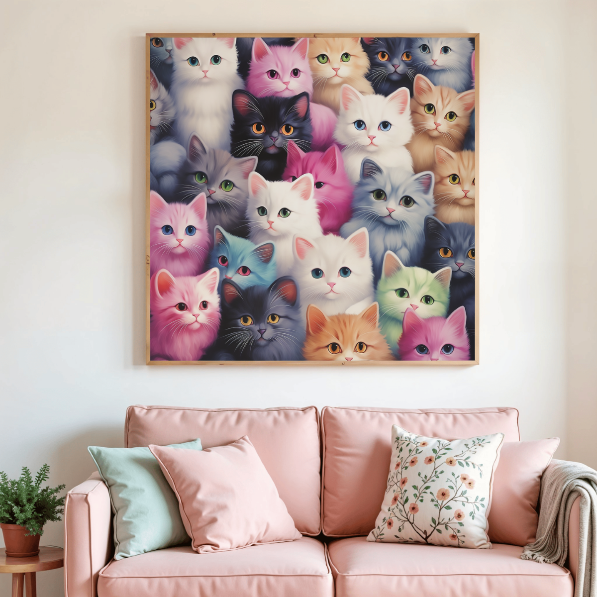 Toile de peinture au diamant : chats multicolores sur fond clair