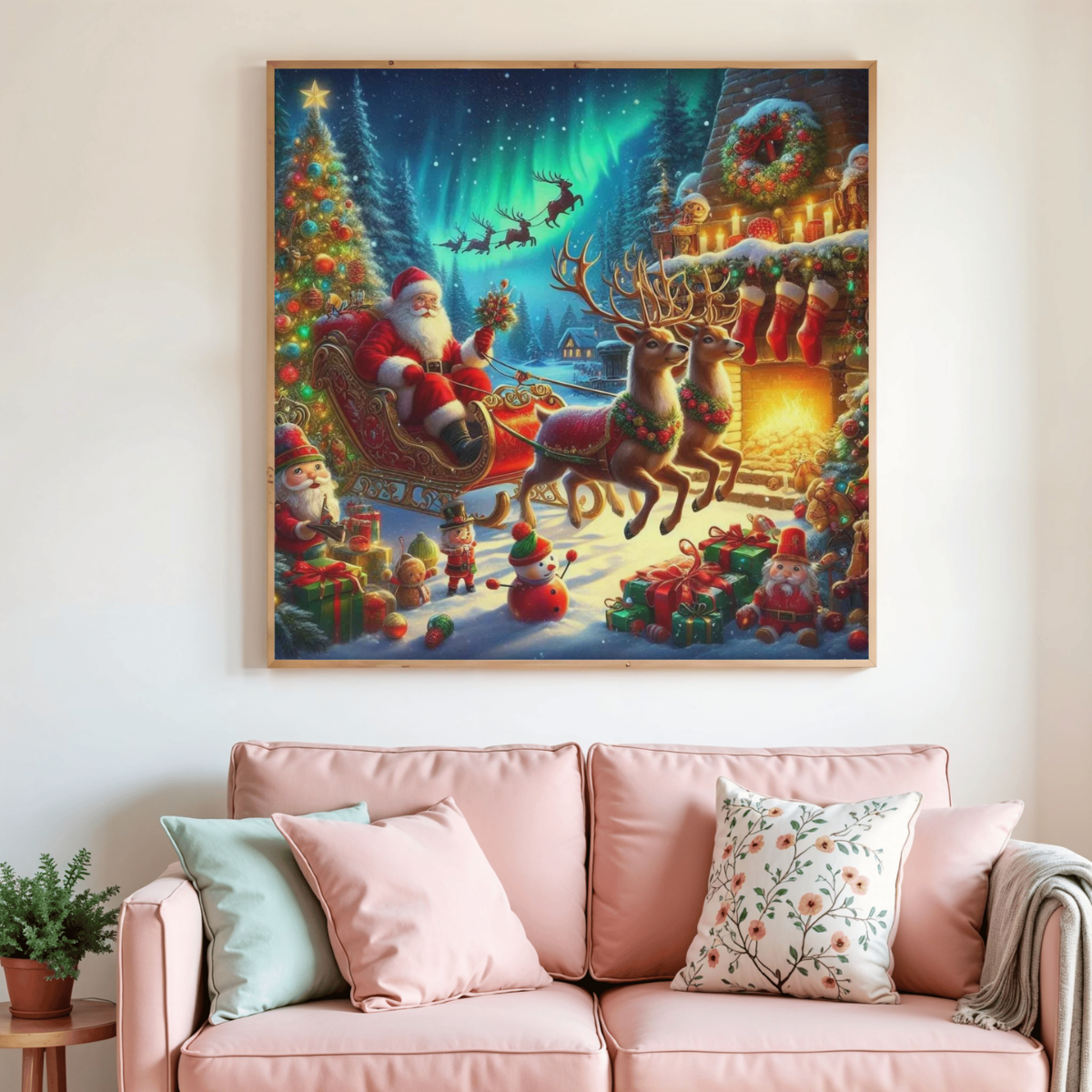 Toile de peinture diamant de Noël : Père Noël, rennes et cadeaux, scène festive.