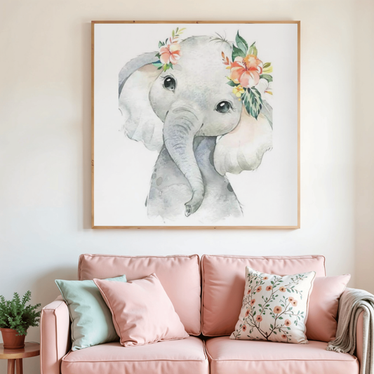 Tableau de broderie diamant encadré : éléphant gris avec fleurs et couronne