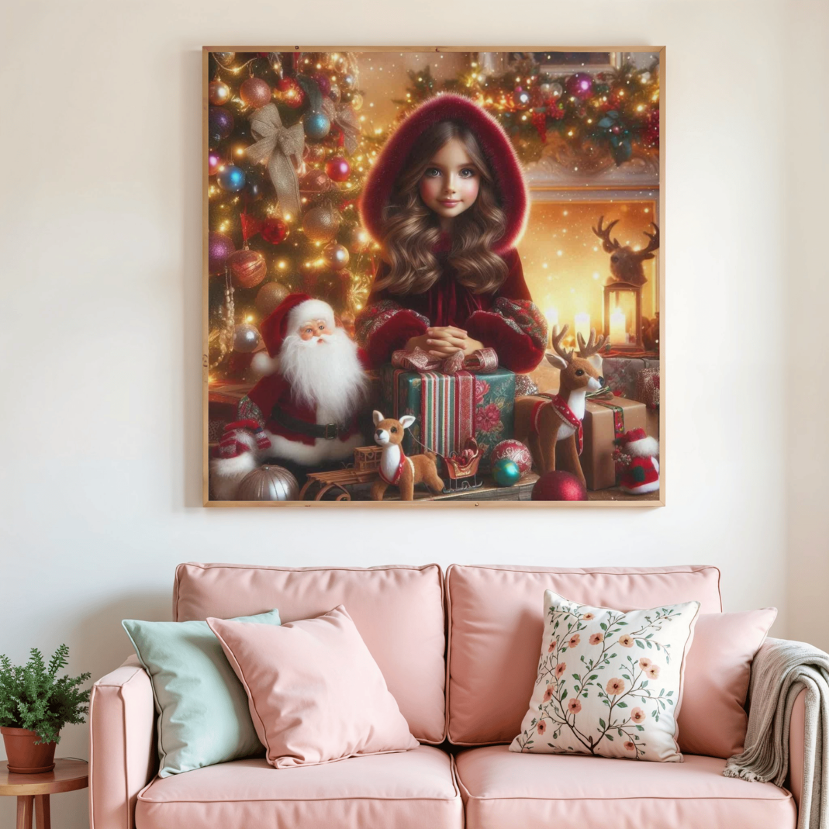 Toile de diamant brodée, scène de Noël avec fille au capuchon rouge et animaux