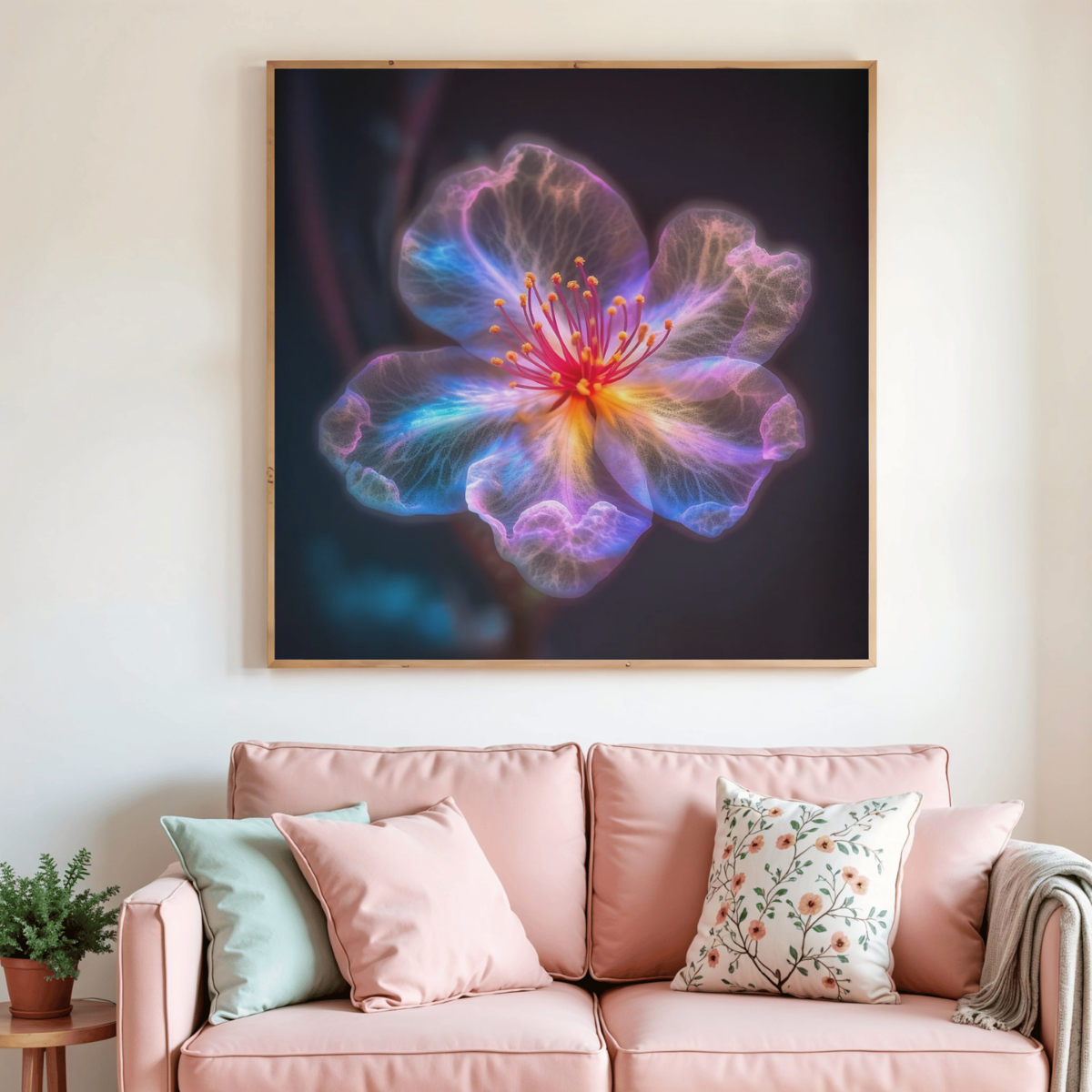 Toile de peinture diamant encadrée, grande fleur colorée aux contours lumineux.