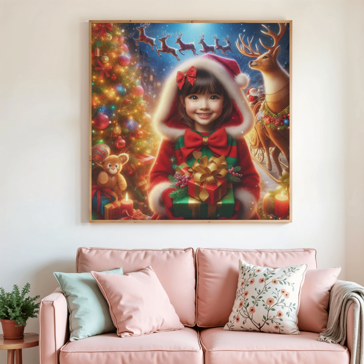 Toile de peinture au diamant encadrée : fillette, renne et cadeaux