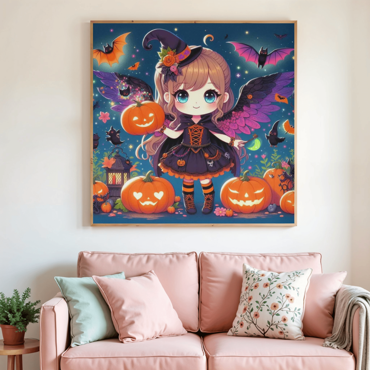 Peinture diamant : petite vampire rousse, citrouilles et chauves-souris, fond nocturne