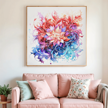 Toile de peinture diamant encadrée, motif floral abstrait rouge, bleu et rose.