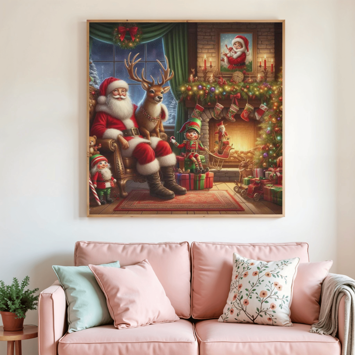 Tableau de diamant encadré : Père Noël, renne et cadeaux, intérieur festif