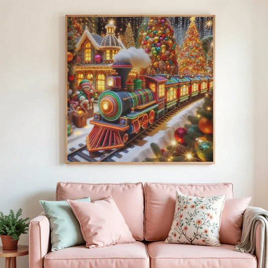 Tableau de diamant de Noël encadré, train coloré illuminé, sapins et boules festives