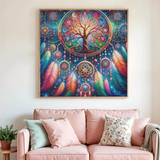 Toile de peinture diamant attrape-rêves Arbre de Vie, arbre central et plumes