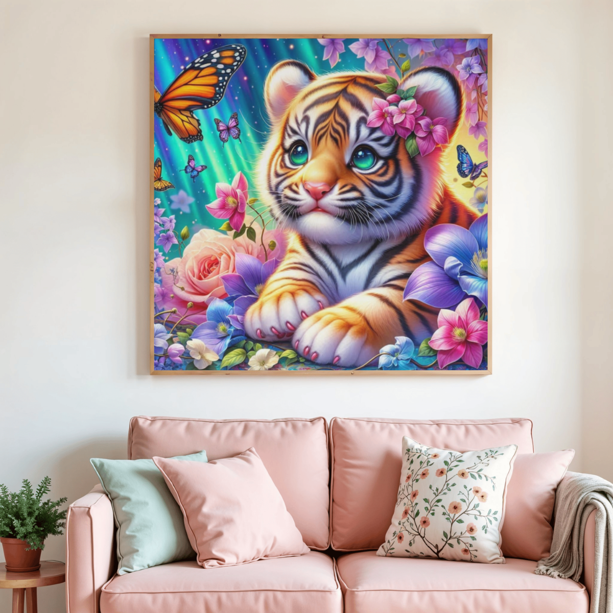 🧡✨ Diamond Painting – Bébé Tigre aux Papillons