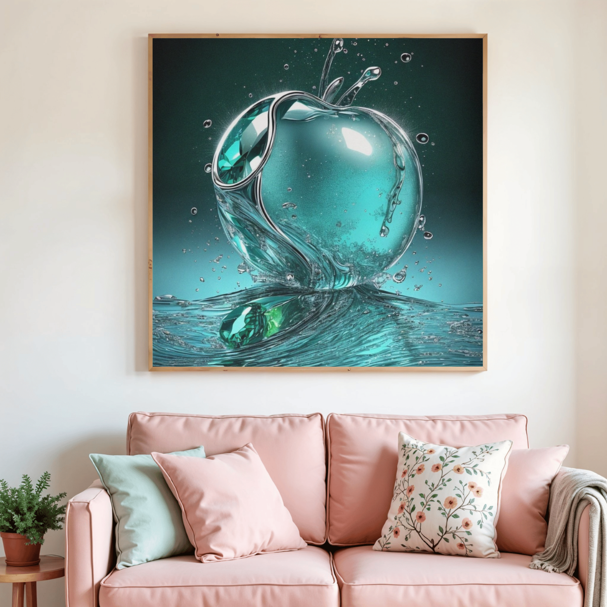 Peinture diamant encadrée : pomme verte bleue et éclaboussures d’eau, fond turquoise