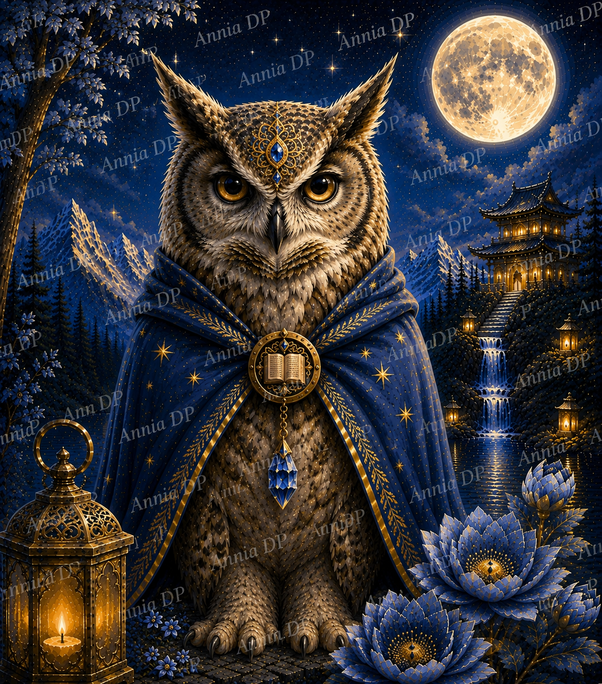 Peinture au numéro : hibou gardien de la connaissance, motif nuit étoilée avec lune