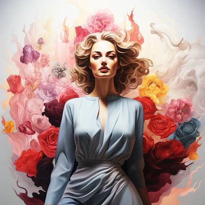 Portrait de femme Artistic Journey: femme en robe bleu clair, cheveux ondulés, fleurs