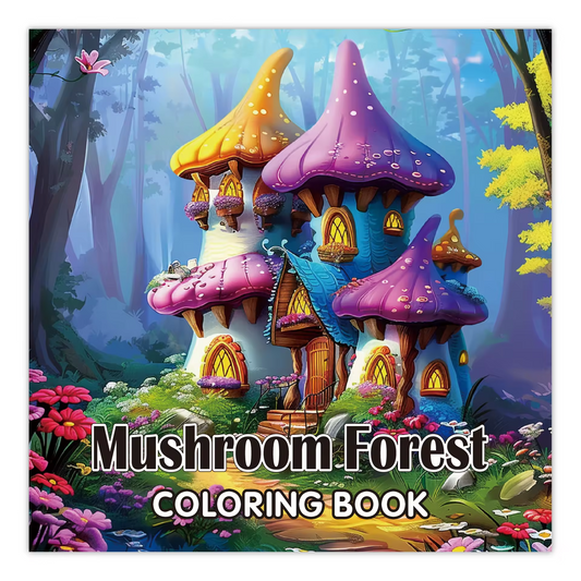 Livre de coloriage, couverture illustrée de champignons dans une forêt