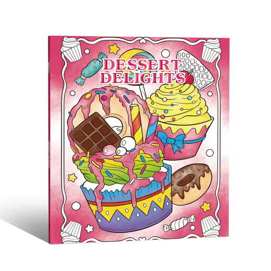 Livre de coloriage à couverture rose avec desserts à colorier