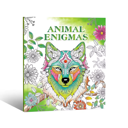 Livre de coloriage Animal Enigmas : couverture avec loup, fleurs et motifs à colorier