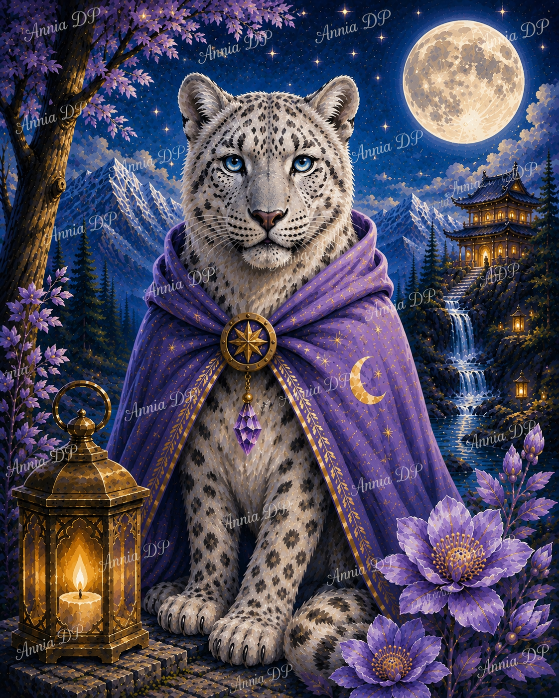 Peinture au numéro : guépard des neiges au manteau violet et lanterne