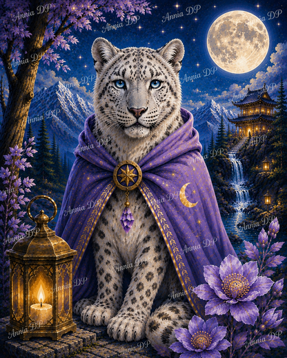 Peinture au numéro : guépard des neiges au manteau violet et lanterne