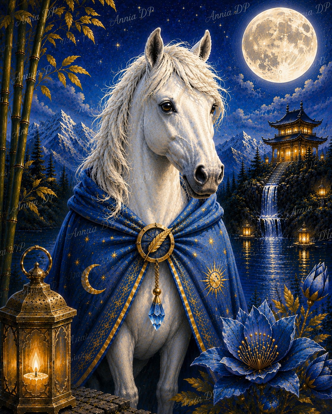 Peinture au numéro : cheval blanc au collier bleu, sous une lune.