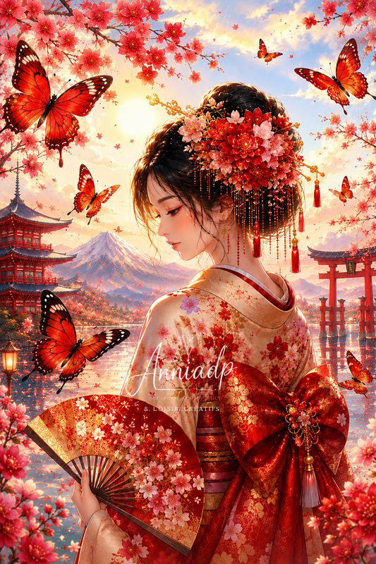 Kit de point de croix avec geisha en kimono rouge, éventail, papillons et fleurs