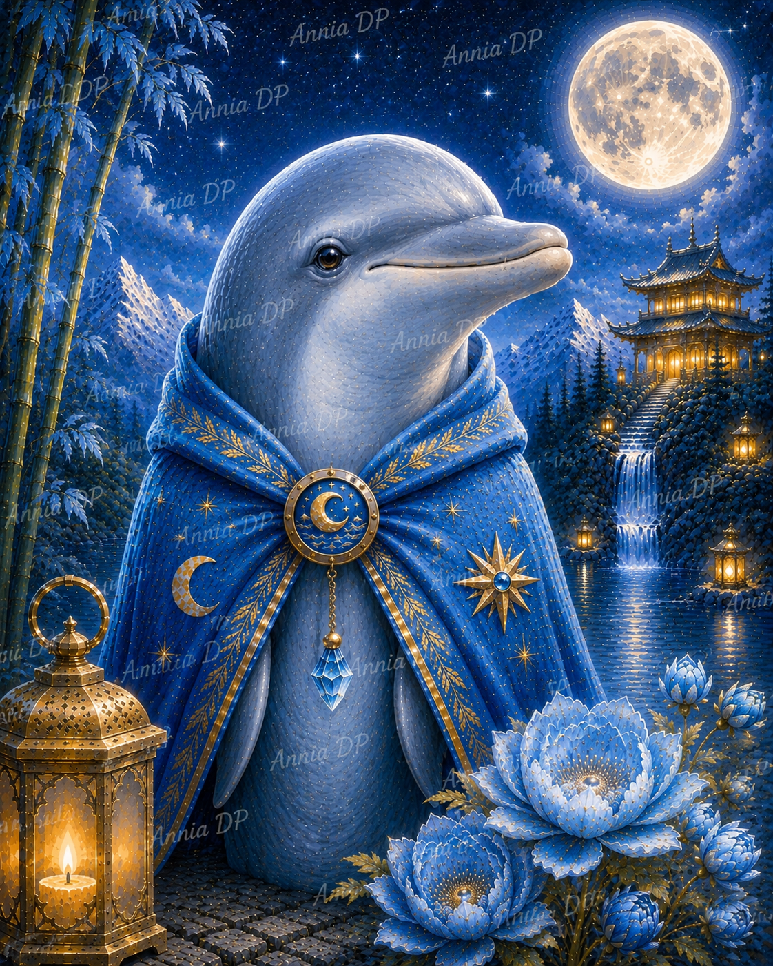Toile de peinture au diamant : dauphin en capuche bleue, motifs lune et fleurs.