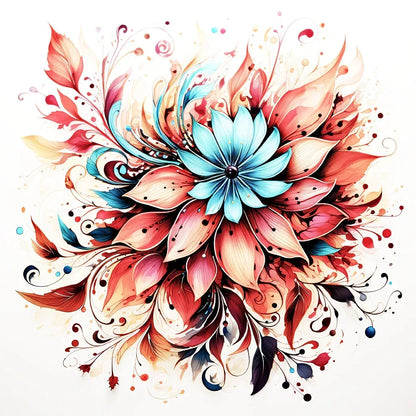 Fleur décorative multicolore avec pétales turquoise, rouges et beige, détails spirales.