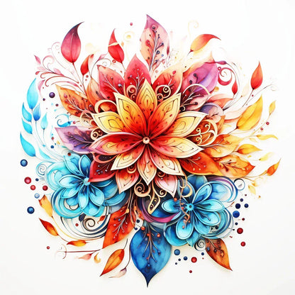 Fleur sacrée Artistic Journey, illustration florale multicolore avec fleur centrale rouge et bleue