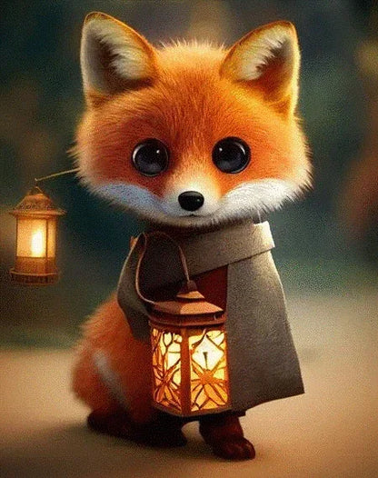 Renard orange en peluche tenant une lanterne en tissu avec lumière dorée