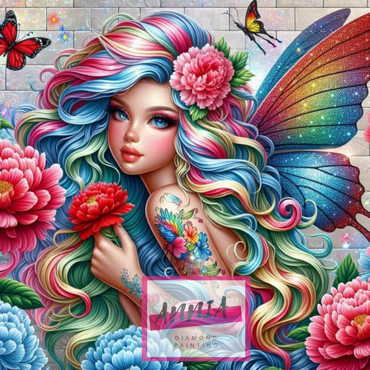 🧚‍♀️🌺 Diamond Painting – Fée aux Cheveux Arc-en-Ciel