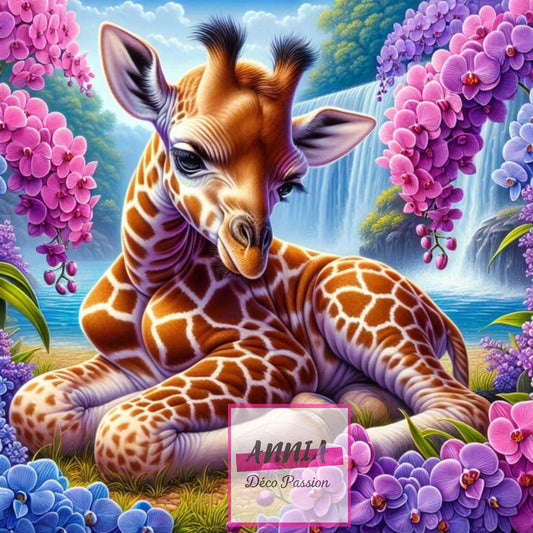 🌸🦒 Diamond Painting – Bébé Girafe Tropicale