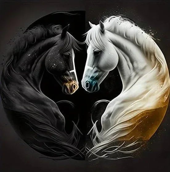Décoration murale de deux têtes de chevaux yin et yang, blanc et noir, cercle.