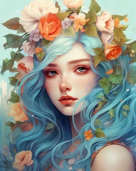 Portrait artistique femme cheveux bleus, couronne de fleurs