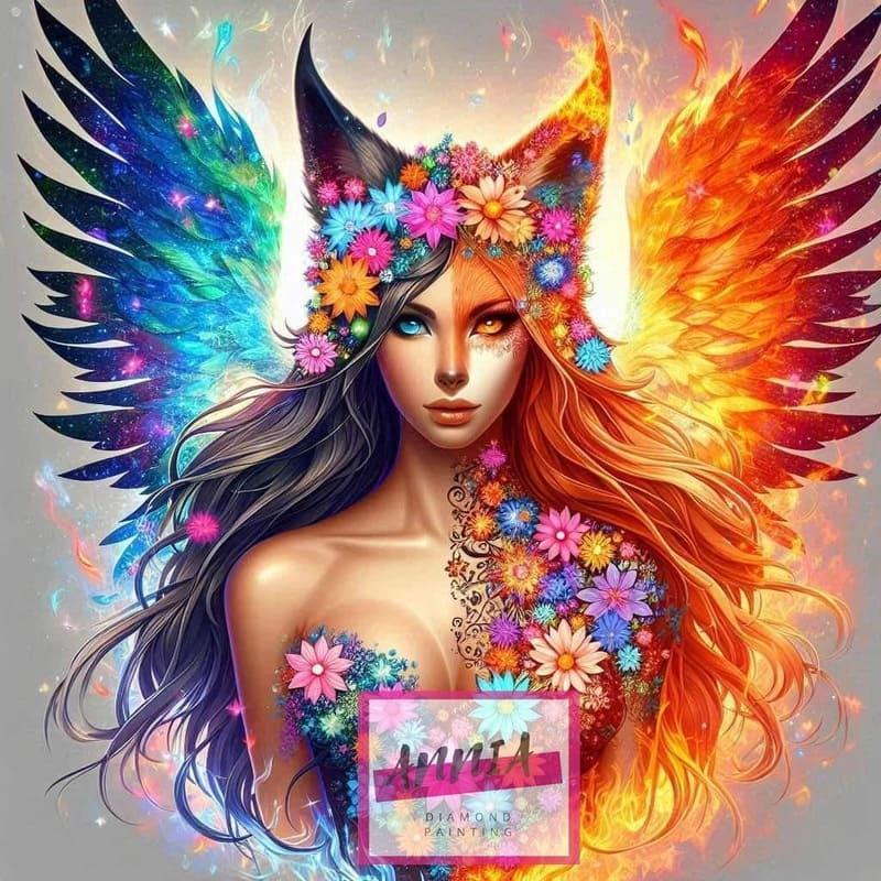 Tableau de peinture diamant avec portrait de femme et grandes ailes multicolores