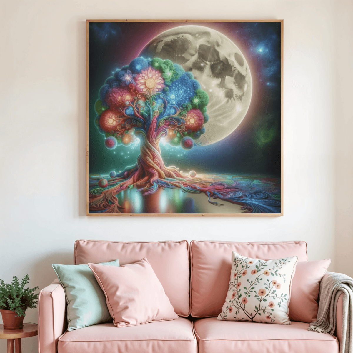 Peinture diamant « Arbre de vie cosmique » encadrée, arbre coloré face à la lune